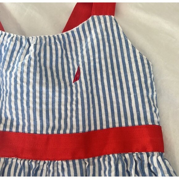 girls seersucker blue/white striped dress w/ red ribbon strap sz 6 EUC - Picture 6 of 6